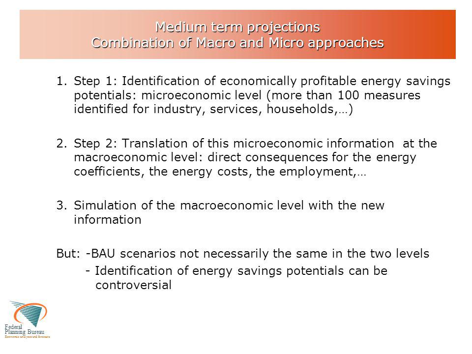 Federal Planning Bureau Economic analyses and forecasts Medium term projections Combination of Macro and Micro approaches 1.Step 1: Identification of economically profitable energy savings potentials: microeconomic level (more than 100 measures identified for industry, services, households,…) 2.Step 2: Translation of this microeconomic information at the macroeconomic level: direct consequences for the energy coefficients, the energy costs, the employment,… 3.Simulation of the macroeconomic level with the new information But: -BAU scenarios not necessarily the same in the two levels - Identification of energy savings potentials can be controversial