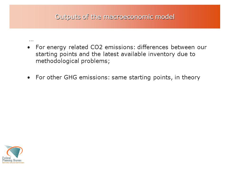Federal Planning Bureau Economic analyses and forecasts Outputs of the macroeconomic model … For energy related CO2 emissions: differences between our starting points and the latest available inventory due to methodological problems; For other GHG emissions: same starting points, in theory