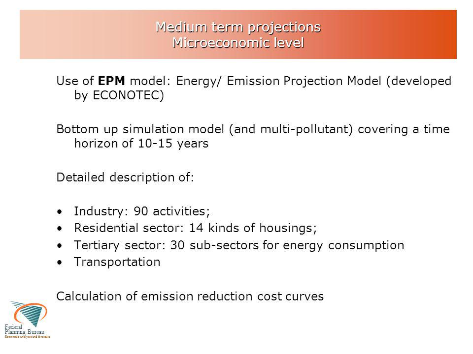 Federal Planning Bureau Economic analyses and forecasts Medium term projections Microeconomic level Use of EPM model: Energy/ Emission Projection Model (developed by ECONOTEC) Bottom up simulation model (and multi-pollutant) covering a time horizon of years Detailed description of: Industry: 90 activities; Residential sector: 14 kinds of housings; Tertiary sector: 30 sub-sectors for energy consumption Transportation Calculation of emission reduction cost curves