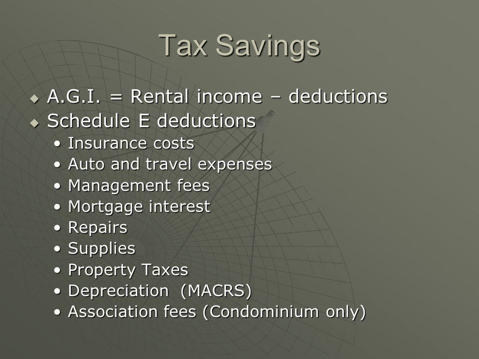 Tax Savings A.G.I. = Rental income – deductions A.G.I.