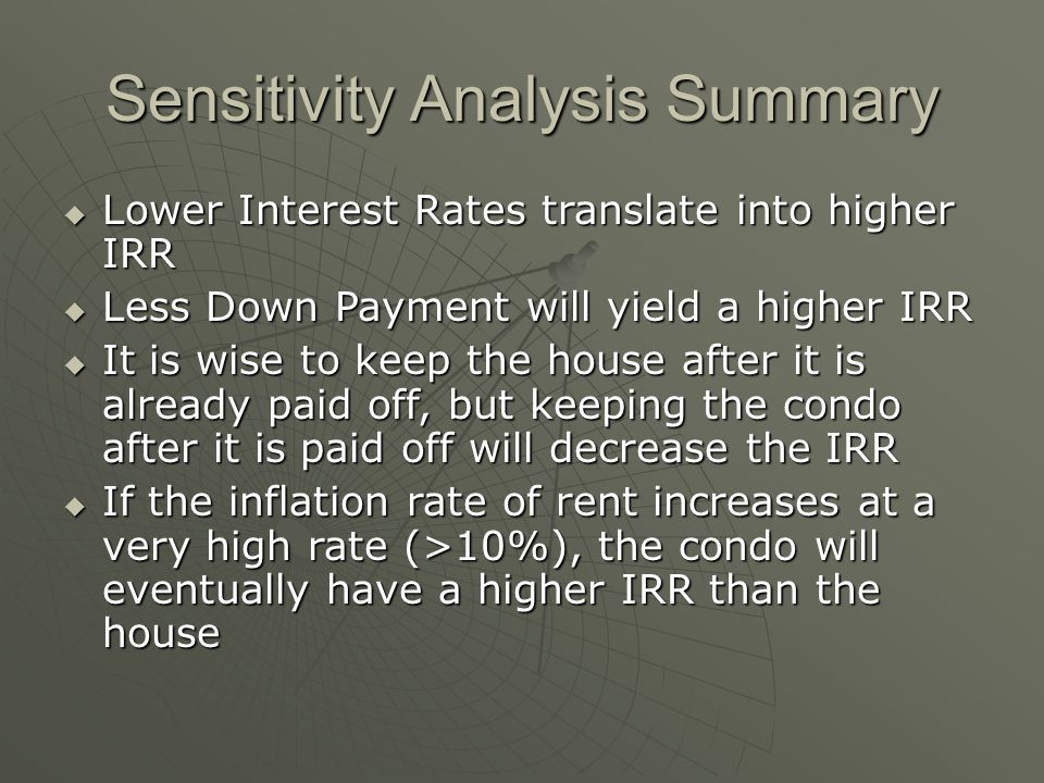 Lower Interest Rates translate into higher IRR Lower Interest Rates translate into higher IRR Less Down Payment will yield a higher IRR Less Down Payment will yield a higher IRR It is wise to keep the house after it is already paid off, but keeping the condo after it is paid off will decrease the IRR It is wise to keep the house after it is already paid off, but keeping the condo after it is paid off will decrease the IRR If the inflation rate of rent increases at a very high rate (>10%), the condo will eventually have a higher IRR than the house If the inflation rate of rent increases at a very high rate (>10%), the condo will eventually have a higher IRR than the house Sensitivity Analysis Summary