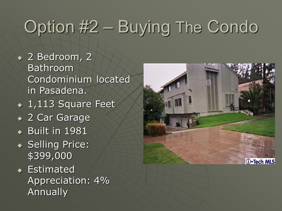 Option #2 – Buying The Condo 2 Bedroom, 2 Bathroom Condominium located in Pasadena.