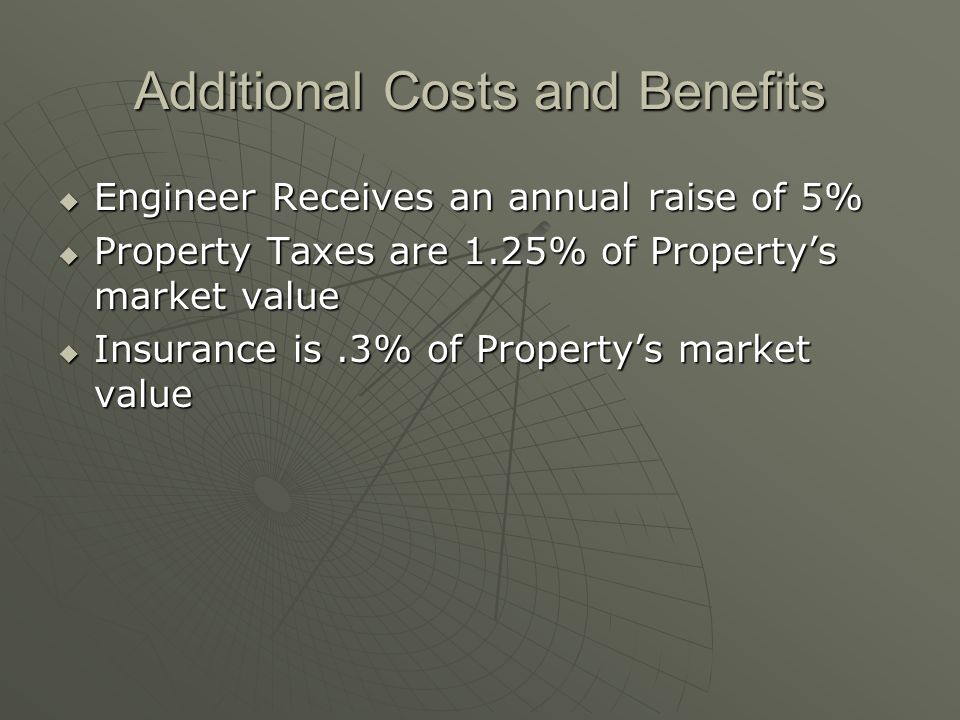 Additional Costs and Benefits Engineer Receives an annual raise of 5% Engineer Receives an annual raise of 5% Property Taxes are 1.25% of Propertys market value Property Taxes are 1.25% of Propertys market value Insurance is.3% of Propertys market value Insurance is.3% of Propertys market value