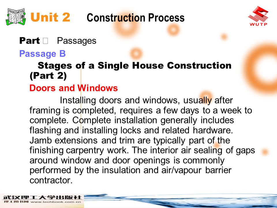 Unit 2 Construction Process Part Passages Passage B Stages of a Single House Construction (Part 2) Doors and Windows Installing doors and windows, usually after framing is completed, requires a few days to a week to complete.