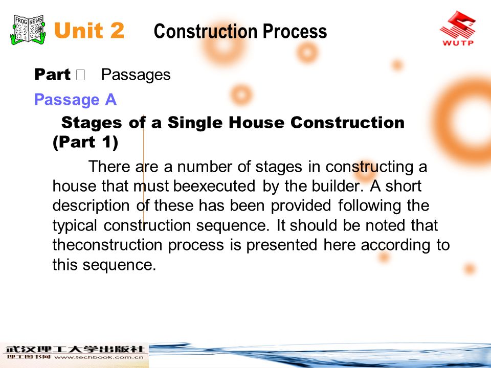 Unit 2 Construction Process Part Passages Passage A Stages of a Single House Construction (Part 1) There are a number of stages in constructing a house that must beexecuted by the builder.