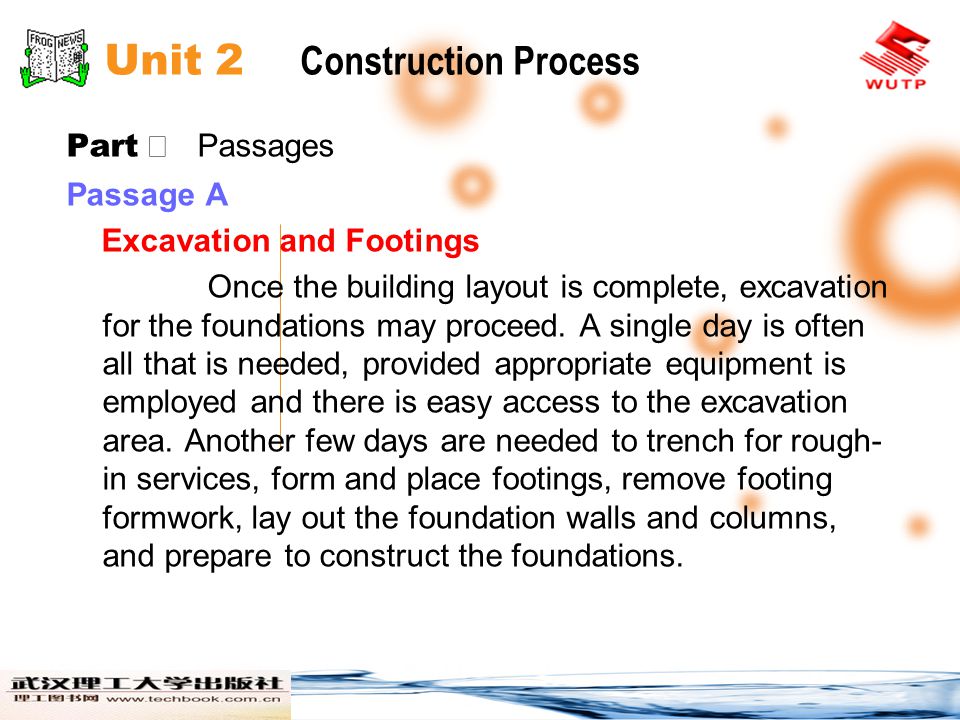 Unit 2 Construction Process Part Passages Passage A Excavation and Footings Once the building layout is complete, excavation for the foundations may proceed.