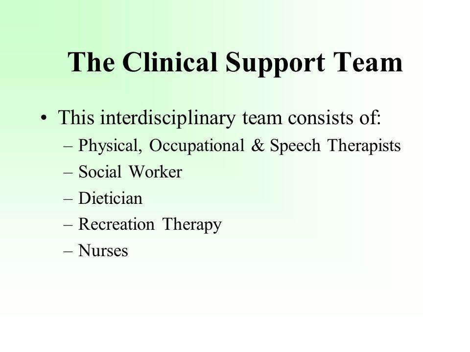 This interdisciplinary team consists of: –Physical, Occupational & Speech Therapists –Social Worker –Dietician –Recreation Therapy –Nurses