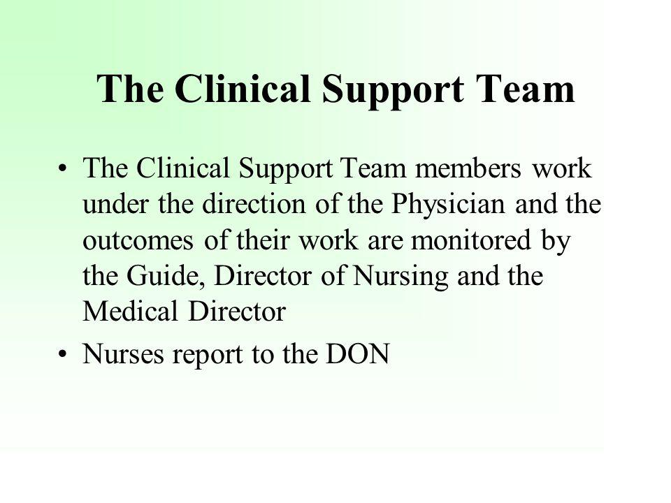 The Clinical Support Team The Clinical Support Team members work under the direction of the Physician and the outcomes of their work are monitored by the Guide, Director of Nursing and the Medical Director Nurses report to the DON