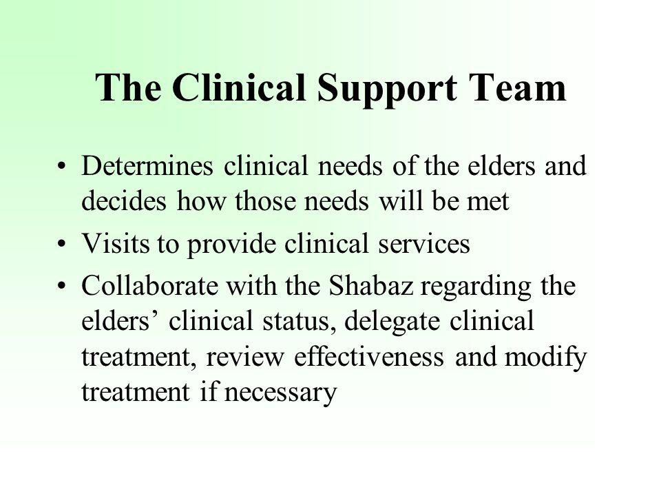 The Clinical Support Team Determines clinical needs of the elders and decides how those needs will be met Visits to provide clinical services Collaborate with the Shabaz regarding the elders clinical status, delegate clinical treatment, review effectiveness and modify treatment if necessary