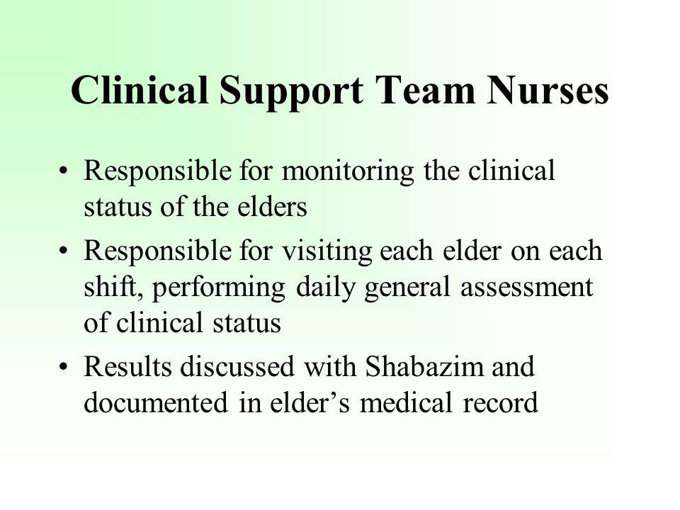 Responsible for monitoring the clinical status of the elders Responsible for visiting each elder on each shift, performing daily general assessment of clinical status Results discussed with Shabazim and documented in elders medical record