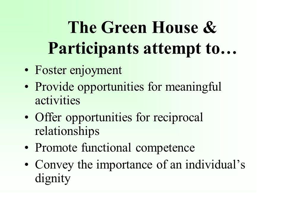 The Green House & Participants attempt to… Foster enjoyment Provide opportunities for meaningful activities Offer opportunities for reciprocal relationships Promote functional competence Convey the importance of an individuals dignity