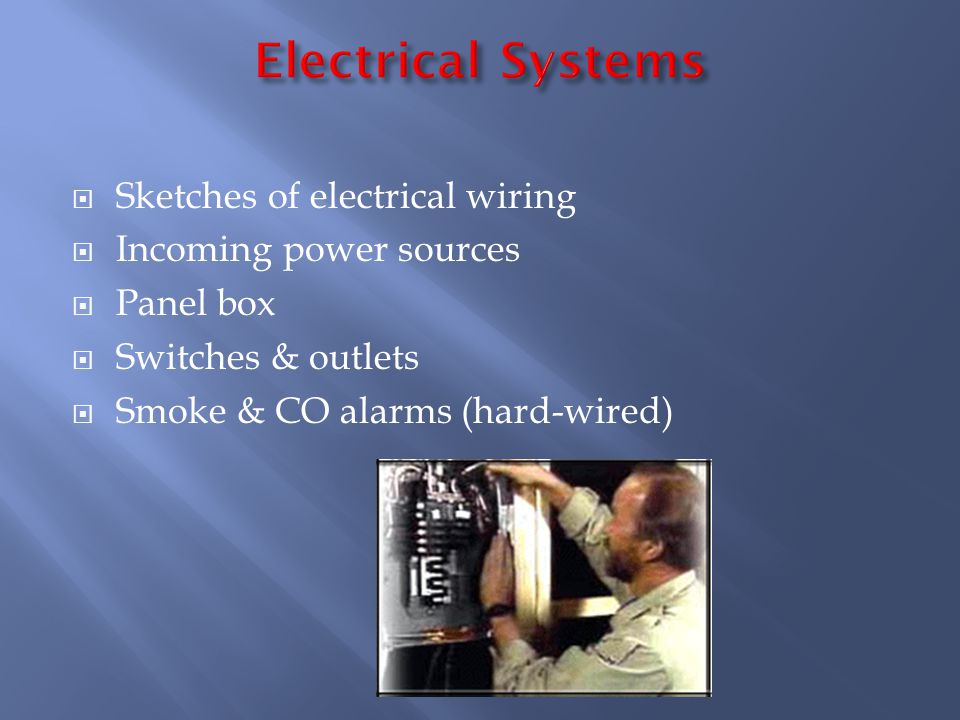 Sketches of electrical wiring Incoming power sources Panel box Switches & outlets Smoke & CO alarms (hard-wired)