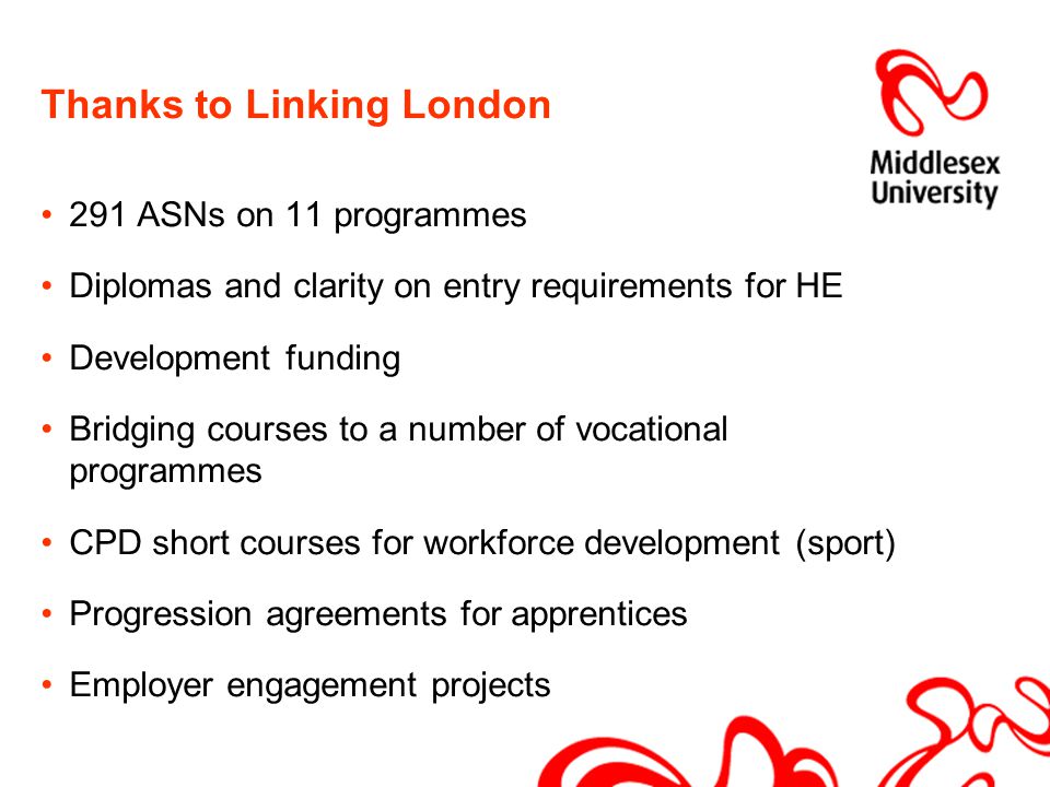Thanks to Linking London 291 ASNs on 11 programmes Diplomas and clarity on entry requirements for HE Development funding Bridging courses to a number of vocational programmes CPD short courses for workforce development (sport) Progression agreements for apprentices Employer engagement projects