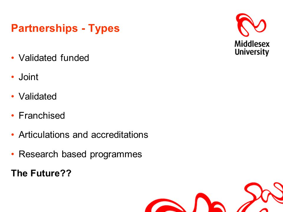 Partnerships - Types Validated funded Joint Validated Franchised Articulations and accreditations Research based programmes The Future