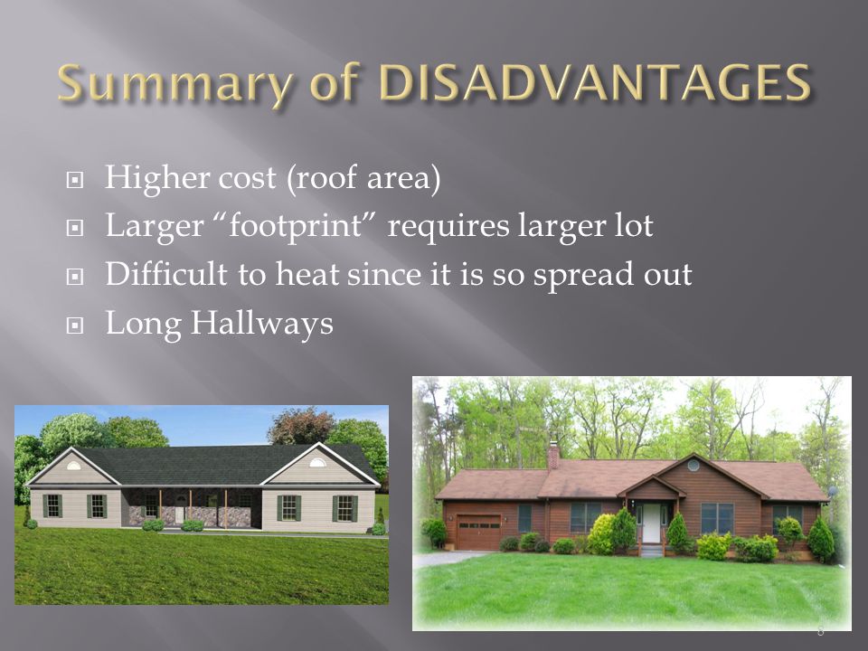 Higher cost (roof area) Larger footprint requires larger lot Difficult to heat since it is so spread out Long Hallways 8