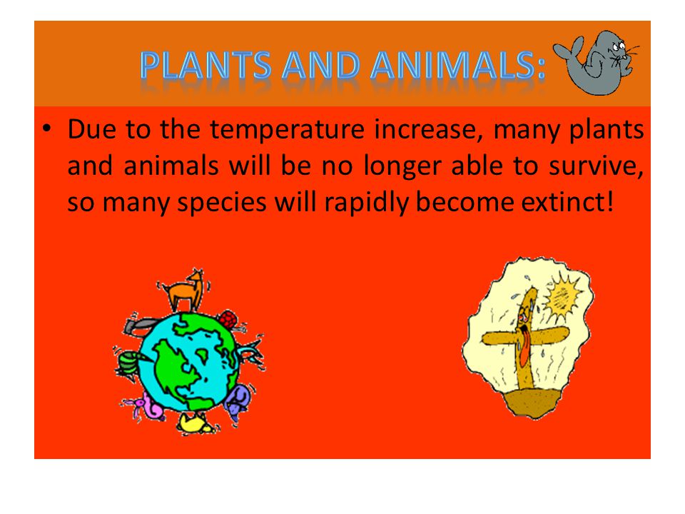 Due to the temperature increase, many plants and animals will be no longer able to survive, so many species will rapidly become extinct!