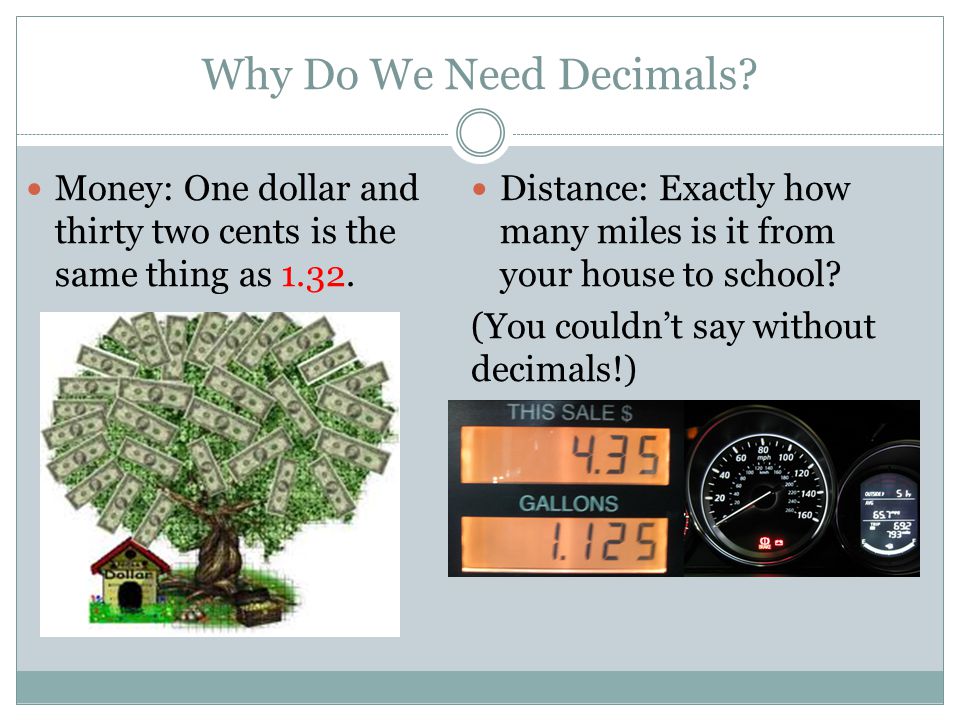 Why Do We Need Decimals. Money: One dollar and thirty two cents is the same thing as
