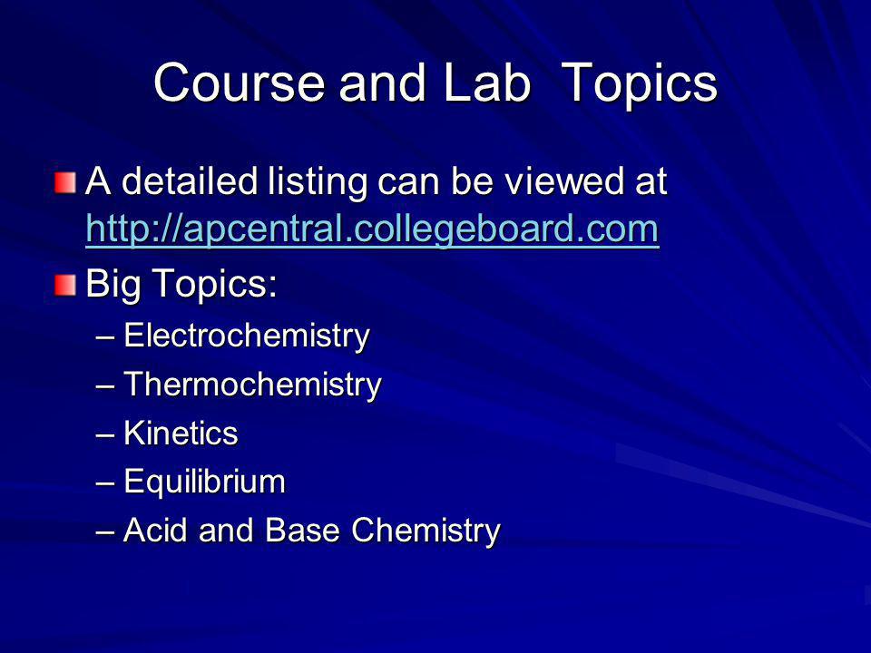 Course and Lab Topics A detailed listing can be viewed at     Big Topics: –Electrochemistry –Thermochemistry –Kinetics –Equilibrium –Acid and Base Chemistry