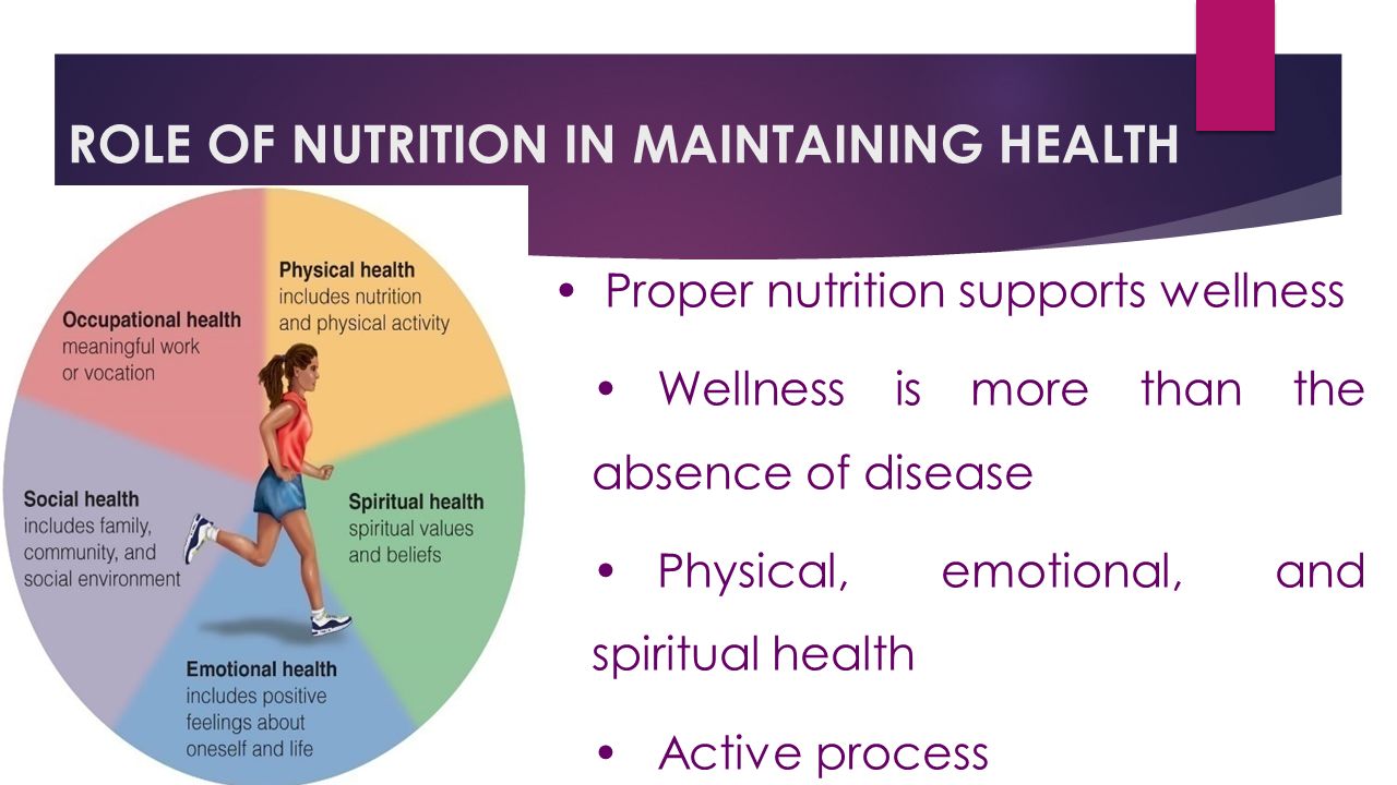 ROLE OF NUTRITION IN MAINTAINING HEALTH Proper nutrition supports wellness Wellness is more than the absence of disease Physical, emotional, and spiritual health Active process