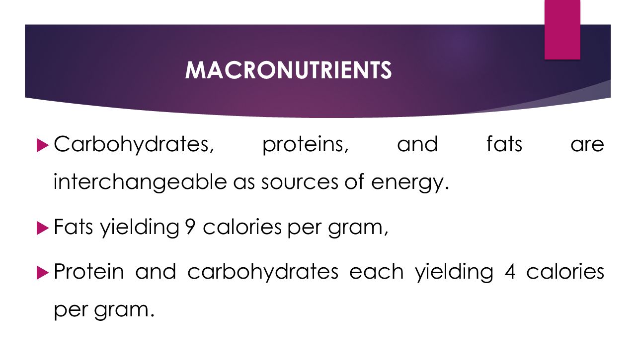 MACRONUTRIENTS  Carbohydrates, proteins, and fats are interchangeable as sources of energy.