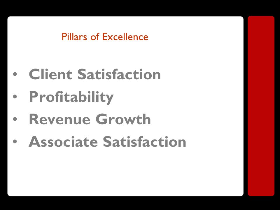 Pillars of Excellence Client Satisfaction Profitability Revenue Growth Associate Satisfaction