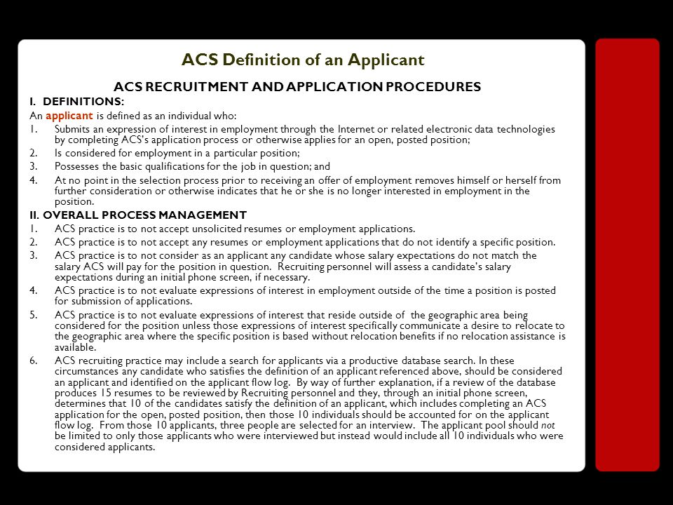 ACS Definition of an Applicant ACS RECRUITMENT AND APPLICATION PROCEDURES I.