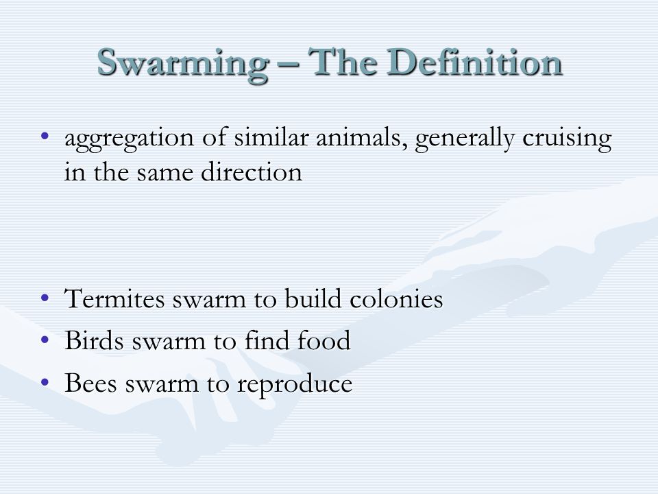 Particle Swarm Optimization (PSO) Algorithm. Swarming – The Definition  aggregation of similar animals, generally cruising in the same  directionaggregation. - ppt download