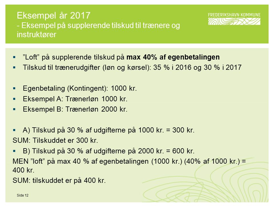 Eksempel år Eksempel på supplerende tilskud til trænere og instruktører  Loft på supplerende tilskud på max 40% af egenbetalingen  Tilskud til trænerudgifter (løn og kørsel): 35 % i 2016 og 30 % i 2017  Egenbetaling (Kontingent): 1000 kr.