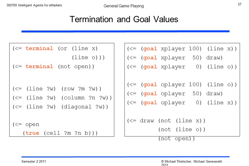 27 Semester © Michael Thielscher, Michael Genesereth 2011 General Game Playing Intelligent Agents for eMarkets Termination and Goal Values (<= terminal (or (line x) (line o))) (<= terminal (not open)) (<= (line w) (row m w)) (<= (line w) (column n w)) (<= (line w) (diagonal w)) (<= open (true (cell m n b))) (<= (goal xplayer 100) (line x)) (<= (goal xplayer 50) draw) (<= (goal xplayer 0) (line o)) (<= (goal oplayer 100) (line o)) (<= (goal oplayer 50) draw) (<= (goal oplayer 0) (line x)) (<= draw (not (line x)) (not (line o)) (not open))