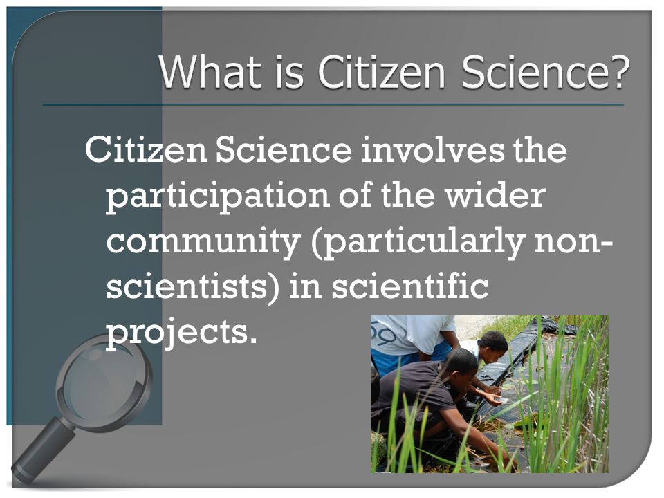 Citizen Science involves the participation of the wider community (particularly non- scientists) in scientific projects.