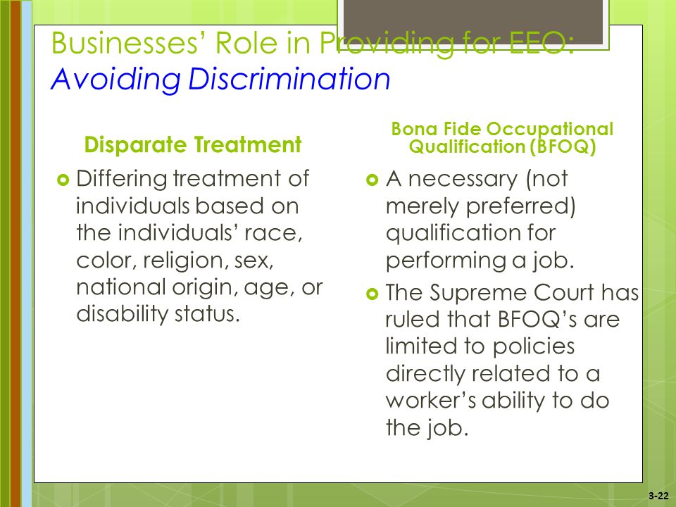 3-22 Businesses’ Role in Providing for EEO: Avoiding Discrimination Disparate Treatment  Differing treatment of individuals based on the individuals’ race, color, religion, sex, national origin, age, or disability status.