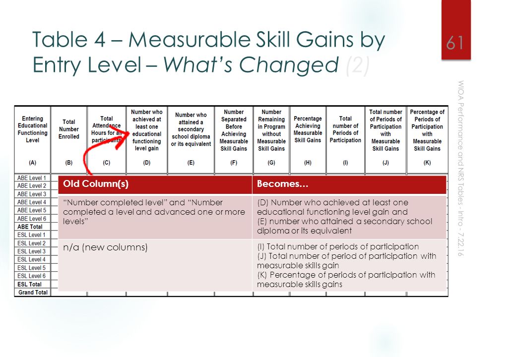 Table 4 – Measurable Skill Gains by Entry Level – What’s Changed (2) WIOA Performance and NRS Tables - Intro Old Column(s)Becomes… Number completed level and Number completed a level and advanced one or more levels (D) Number who achieved at least one educational functioning level gain and (E) number who attained a secondary school diploma or its equivalent n/a (new columns) (I) Total number of periods of participation (J) Total number of period of participation with measurable skills gain (K) Percentage of periods of participation with measurable skills gains