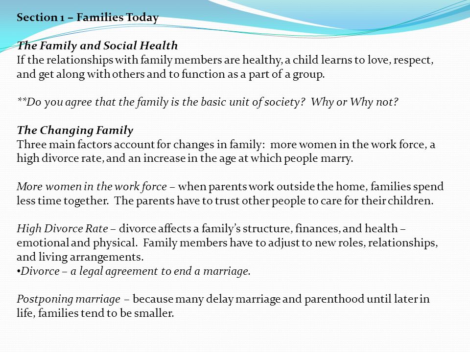 Family Relationships. Section 1 – Families Today The Family And Social  Health If The Relationships With Family Members Are Healthy, A Child Learns  To. - Ppt Download