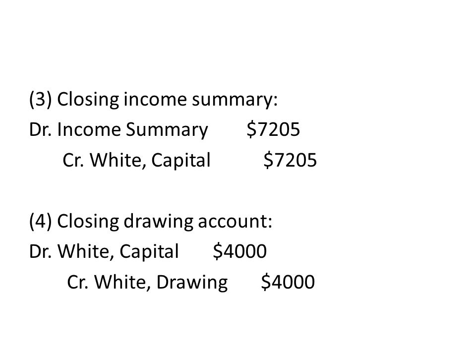 (3) Closing income summary: Dr. Income Summary $7205 Cr.