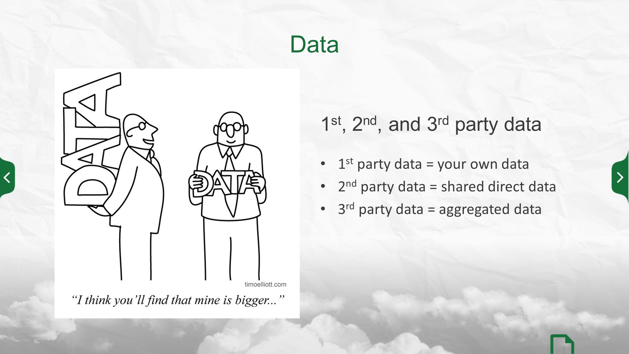 1 st party data = your own data 2 nd party data = shared direct data 3 rd party data = aggregated data Data 1 st, 2 nd, and 3 rd party data