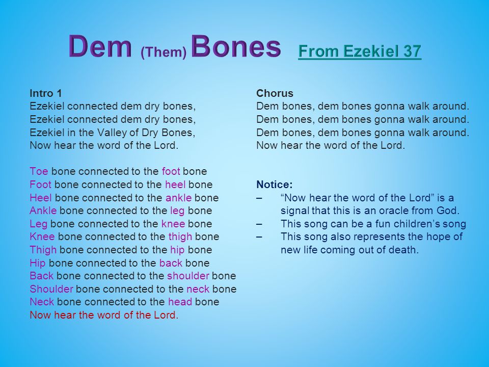 Intro 1 Ezekiel connected dem dry bones, Ezekiel in the Valley of Dry Bones, Now hear the word of the Lord.