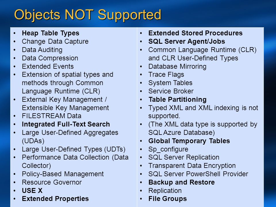 Objects NOT Supported Heap Table Types Change Data Capture Data Auditing Data Compression Extended Events Extension of spatial types and methods through Common Language Runtime (CLR) External Key Management / Extensible Key Management FILESTREAM Data Integrated Full-Text Search Large User-Defined Aggregates (UDAs) Large User-Defined Types (UDTs) Performance Data Collection (Data Collector) Policy-Based Management Resource Governor USE X Extended Properties Extended Stored Procedures SQL Server Agent/Jobs Common Language Runtime (CLR) and CLR User-Defined Types Database Mirroring Trace Flags System Tables Service Broker Table Partitioning Typed XML and XML indexing is not supported.