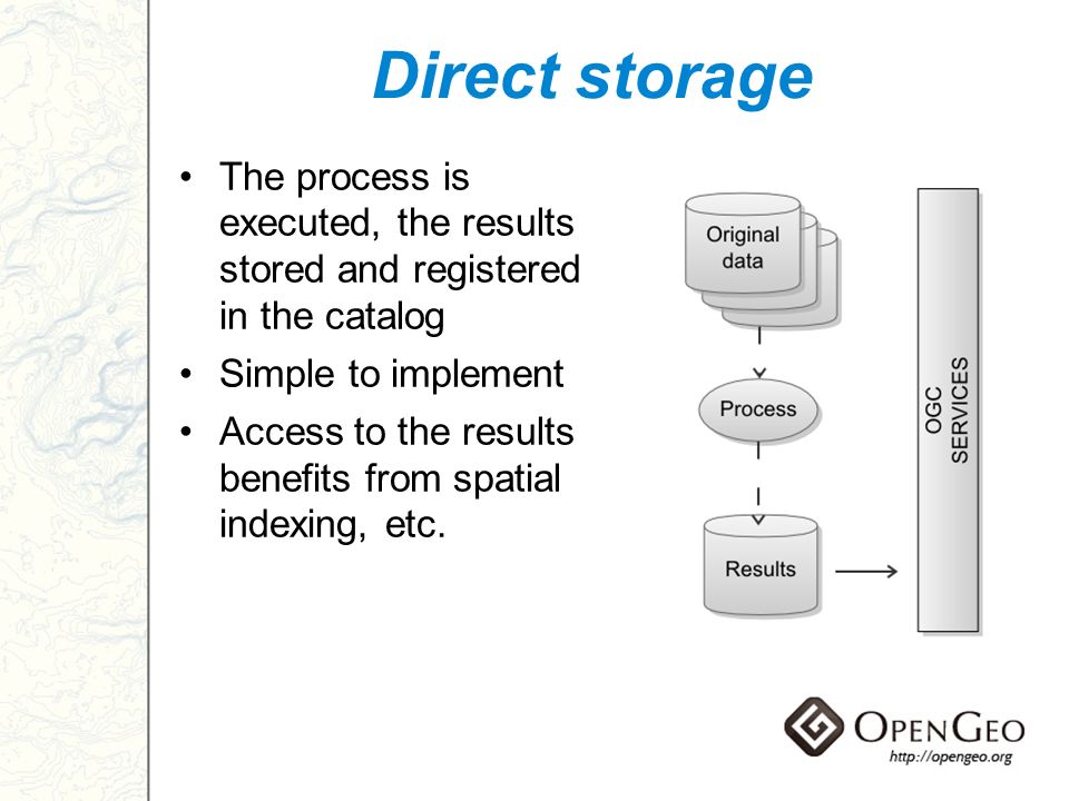 Direct storage The process is executed, the results stored and registered in the catalog Simple to implement Access to the results benefits from spatial indexing, etc.