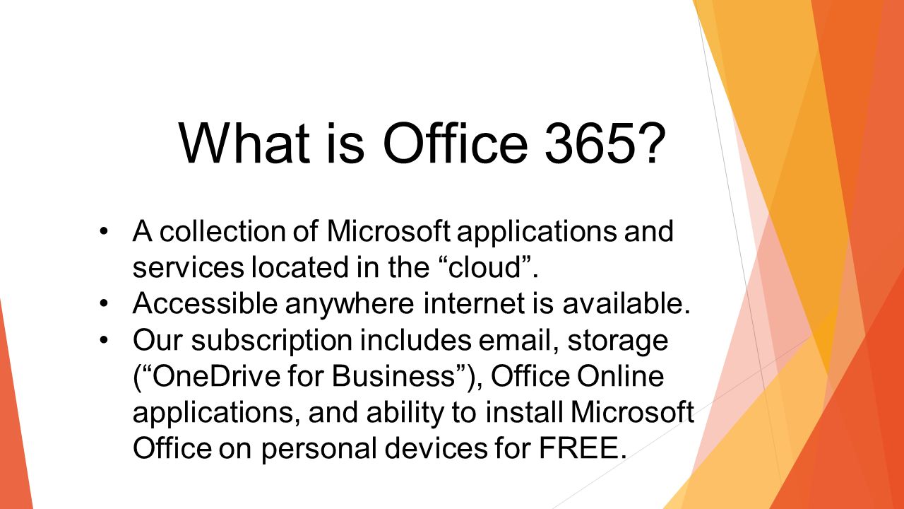 What is Office 365. A collection of Microsoft applications and services located in the cloud .