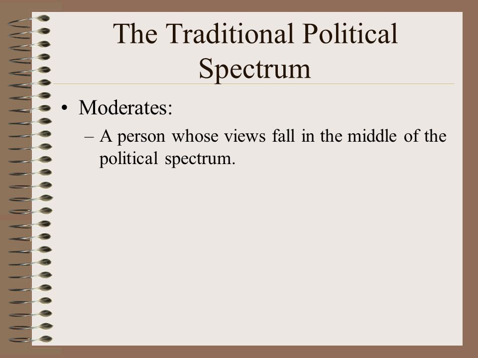 The Traditional Political Spectrum Moderates: –A person whose views fall in the middle of the political spectrum.