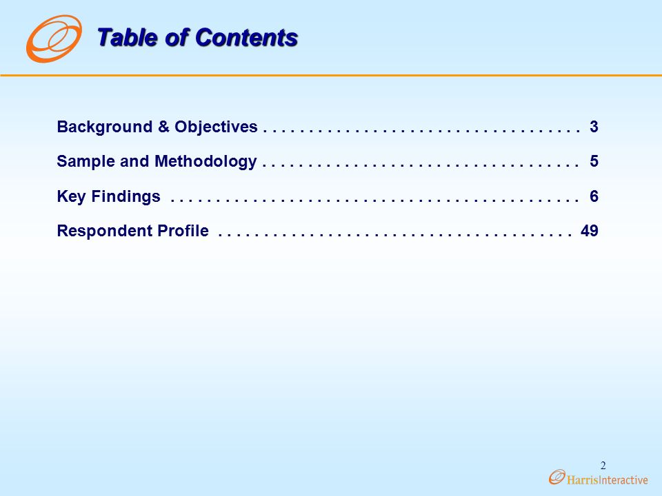 2 Table of Contents Background & Objectives Sample and Methodology Key Findings