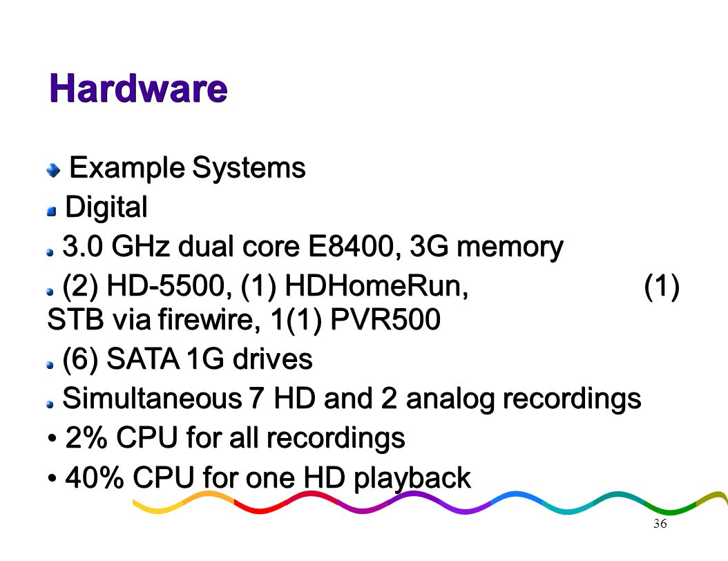 36 Hardware Example Systems Example Systems Digital Digital 3.0 GHz dual core E8400, 3G memory 3.0 GHz dual core E8400, 3G memory (2) HD-5500, (1) HDHomeRun, (1) STB via firewire, 1(1) PVR500 (2) HD-5500, (1) HDHomeRun, (1) STB via firewire, 1(1) PVR500 (6) SATA 1G drives (6) SATA 1G drives Simultaneous 7 HD and 2 analog recordings Simultaneous 7 HD and 2 analog recordings 2% CPU for all recordings 2% CPU for all recordings 40% CPU for one HD playback 40% CPU for one HD playback