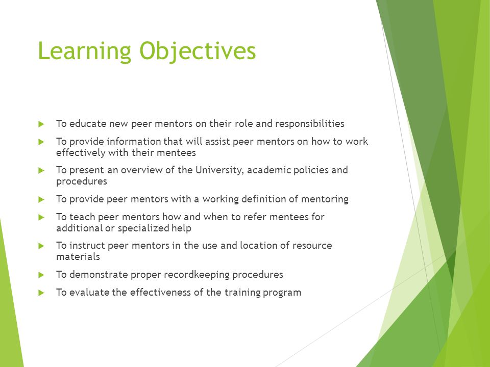 Peer Mentor Training Presented by:. Learning Objectives  To educate new mentors on their role and responsibilities  To provide information that. ppt download