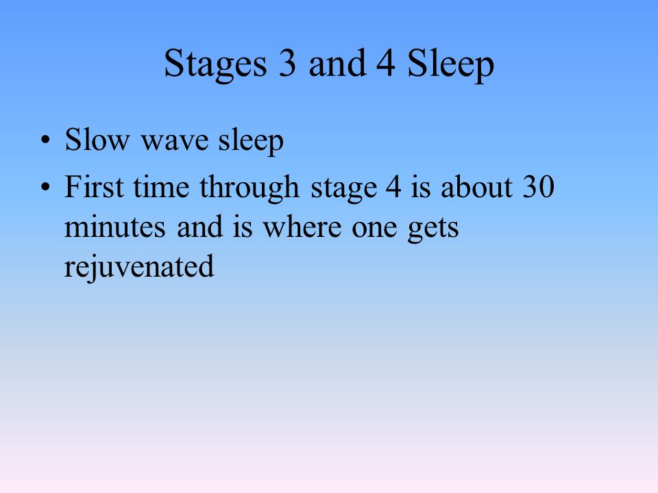 Stages 3 and 4 Sleep Slow wave sleep First time through stage 4 is about 30 minutes and is where one gets rejuvenated