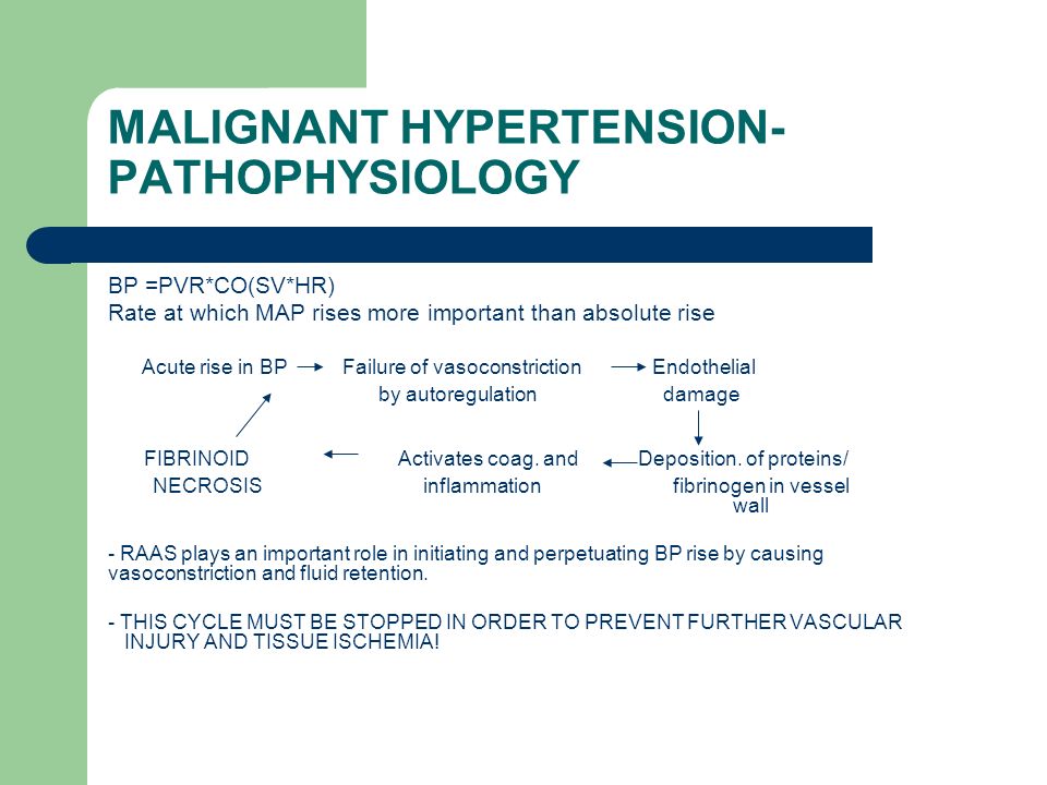 MALIGNANT HYPERTENSION- PATHOPHYSIOLOGY BP =PVR*CO(SV*HR) Rate at which MAP rises more important than absolute rise Acute rise in BP Failure of vasoconstriction Endothelial by autoregulation damage FIBRINOID Activates coag.