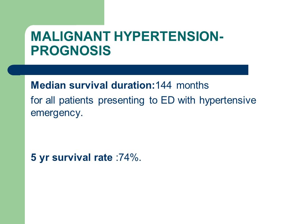 MALIGNANT HYPERTENSION- PROGNOSIS Median survival duration:144 months for all patients presenting to ED with hypertensive emergency.