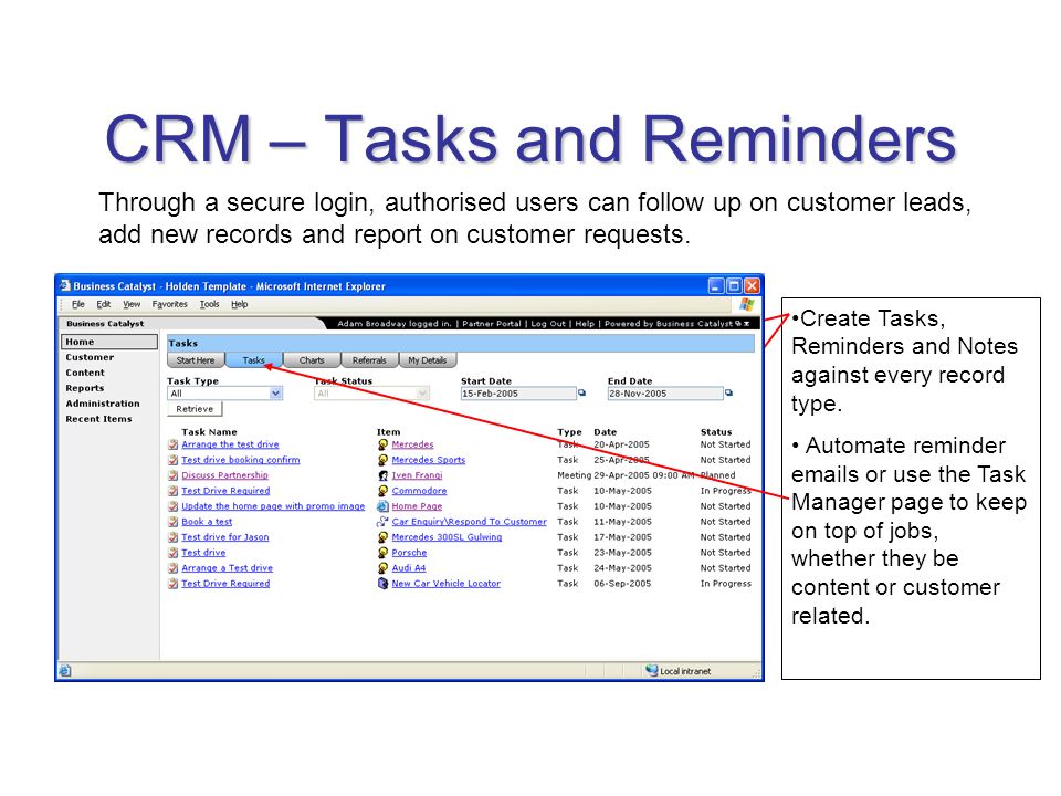 CRM – Tasks and Reminders Through a secure login, authorised users can follow up on customer leads, add new records and report on customer requests.