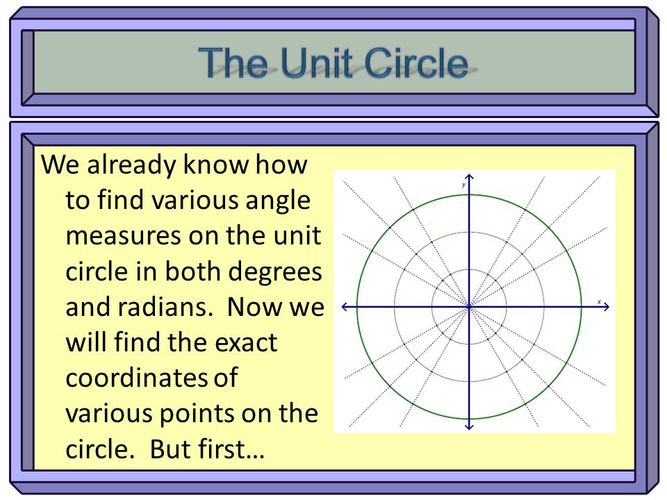 We already know how to find various angle measures on the unit circle in both degrees and radians.