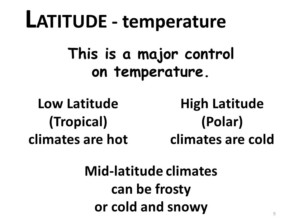 L ATITUDE - temperature This is a major control on temperature.