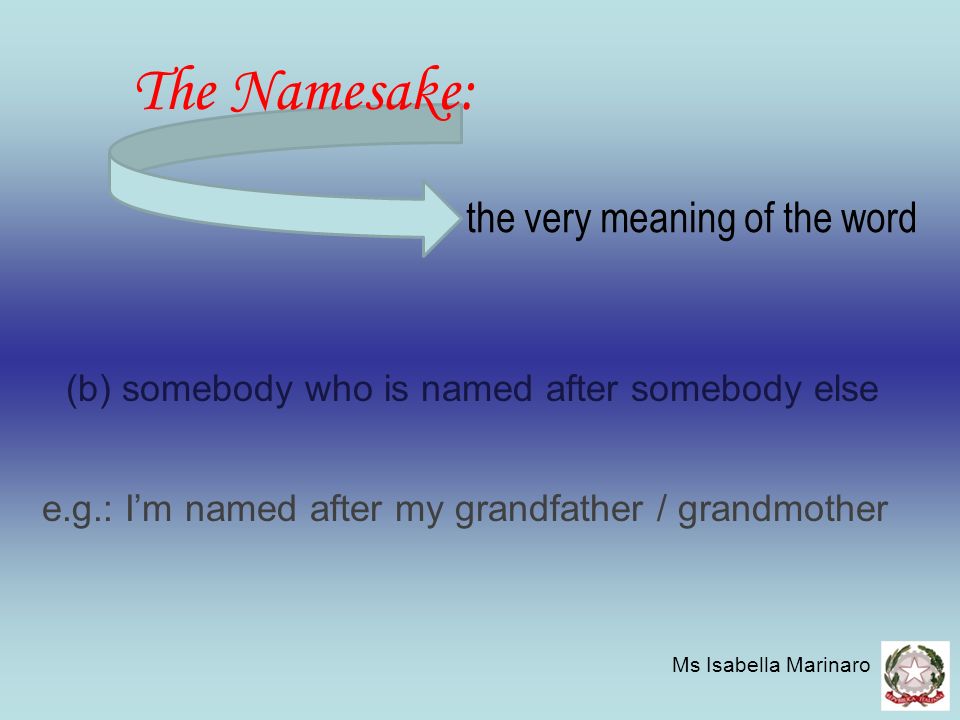 The Namesake: the very meaning of the word (b) somebody who is named after somebody else e.g.: I’m named after my grandfather / grandmother Ms Isabella Marinaro